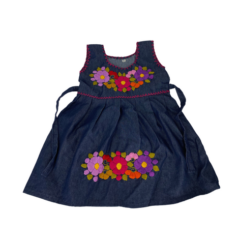 Tiny Blossoms Denim Stitched Dress - Handmade Dress | GoAlong Travels